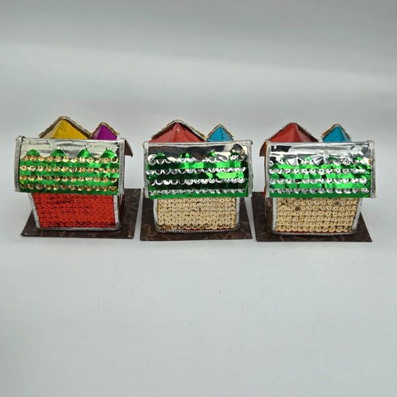 Lot of 5 Vintage The Bombay Company Christmas Putz Sequin Trinket Box Houses - Picture 12 of 16